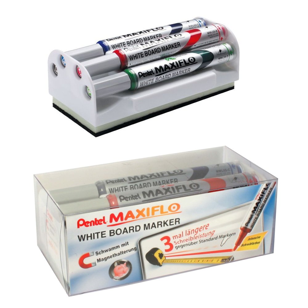 Pentel Maxiflo Whiteboard Marker Assorted 4 Pack with Magnetic Eraser  MWL5M/MAG/4-M