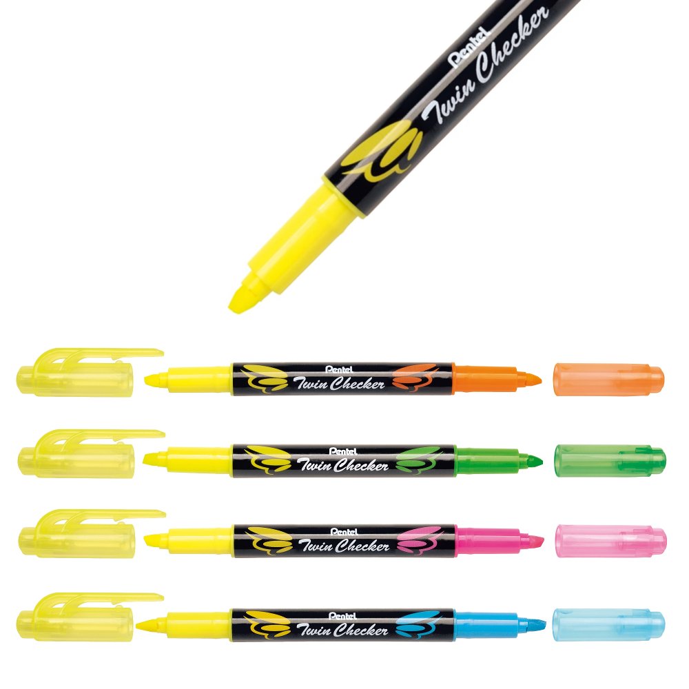 Pentel SLW8-4 TwinChecker Highlighter 4er Set sortiert schlanke Stiftform zweifarbiger Textmarker mit Doppelspitze in kräftigen Farben für leuchtstarke Markierungen 